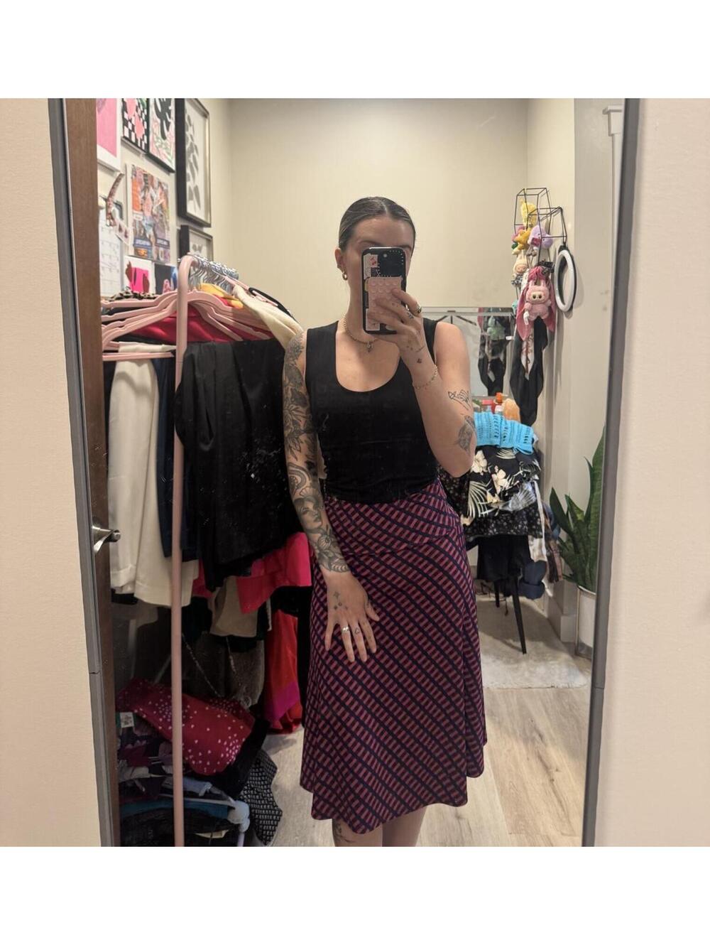 LuLaRoe Pink Blue Geometric Midi Skirt XS Retro Mod Stretch Skirt